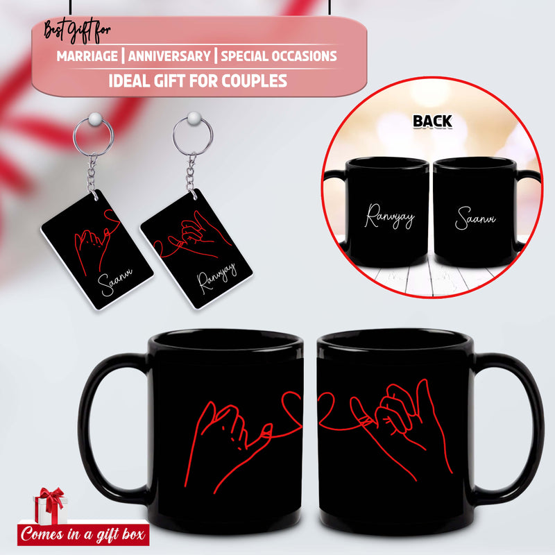 Anniversary Gift Set – Black Coffee Mugs (Set of 2) & Keychains with Name Printed – Valentine's Day Gift.