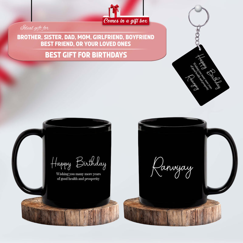 Birthday Gift Combo – Black Ceramic Coffee Mug &  Acrylic Keychain with 'Happy Birthday' Quote & Name Printed.