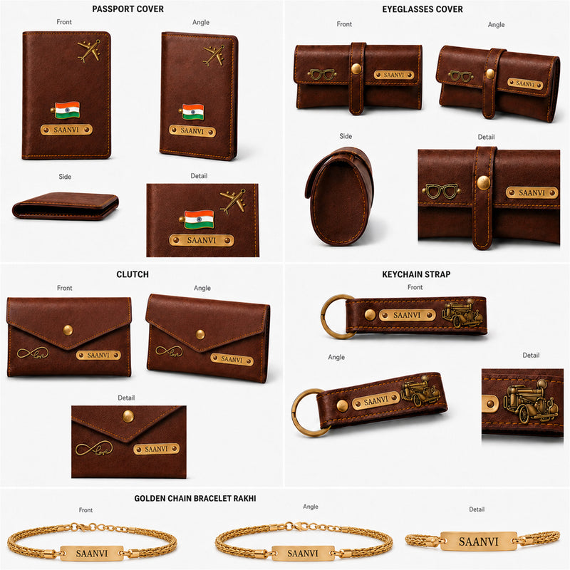 Customized Raksha Bandhan Gift for Sister | Customized Women’s Gift Combo Set 4 Pcs with Name Engraving & Golden Chain Rakhi