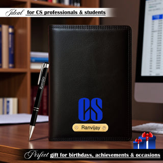 Customized Black Leather Diary with Colored CS Logo Design & Name Engraved Pen.