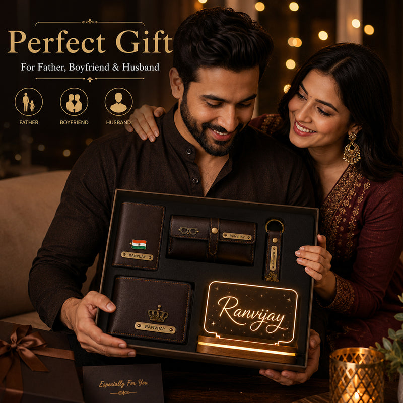 Customized Men's Gift 5 Pcs Combo Set with Leather Combo 4 Set and a Led Acrylic Name Frame.