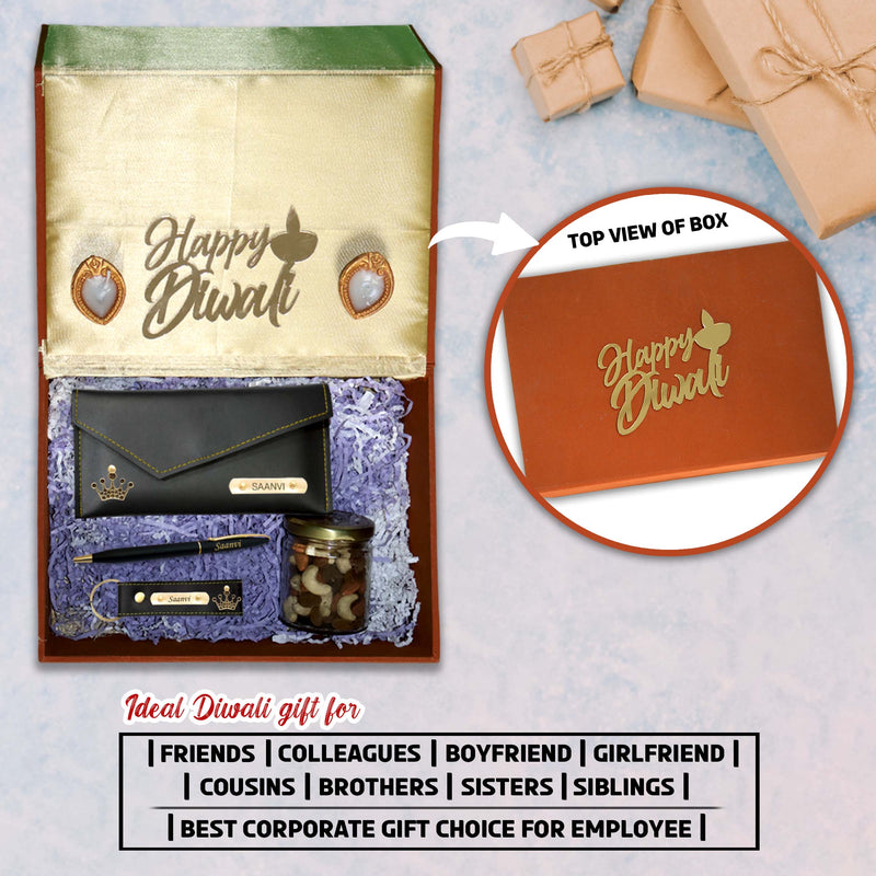 Diwali Gift Set for Female– Clutch, Pen, Keychain With Dry Fruits & Diyas.