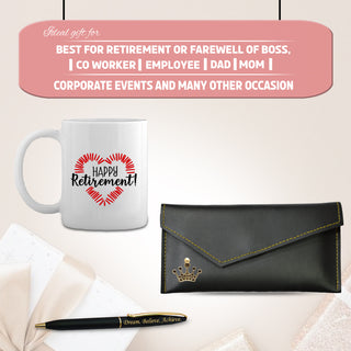 Retirement Gift Set for Women – Leather Clutch, Pen & Mug.