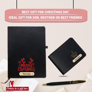 Christmas Combo for Men- Engraved Pen, Black A5 Diary, Leather Wallet