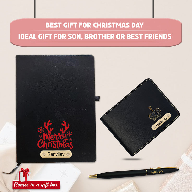Christmas Combo for Men- Engraved Pen, Black A5 Diary, Leather Wallet