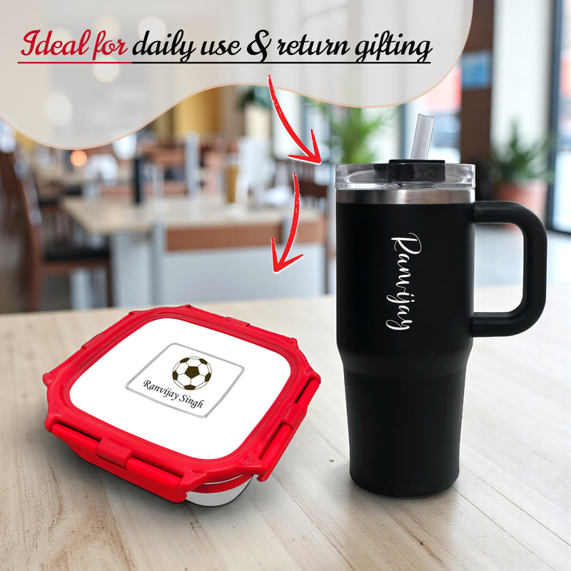 Customized Kids Lunch Box Combo Small Red Lunch Box + 500 ml Black Mini Tumbler with Name.