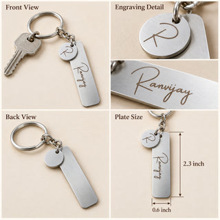 Personalized Initial Keychain | Stainless Steel Bar Key Ring with Round Letter Charm | Gift for Men & Women