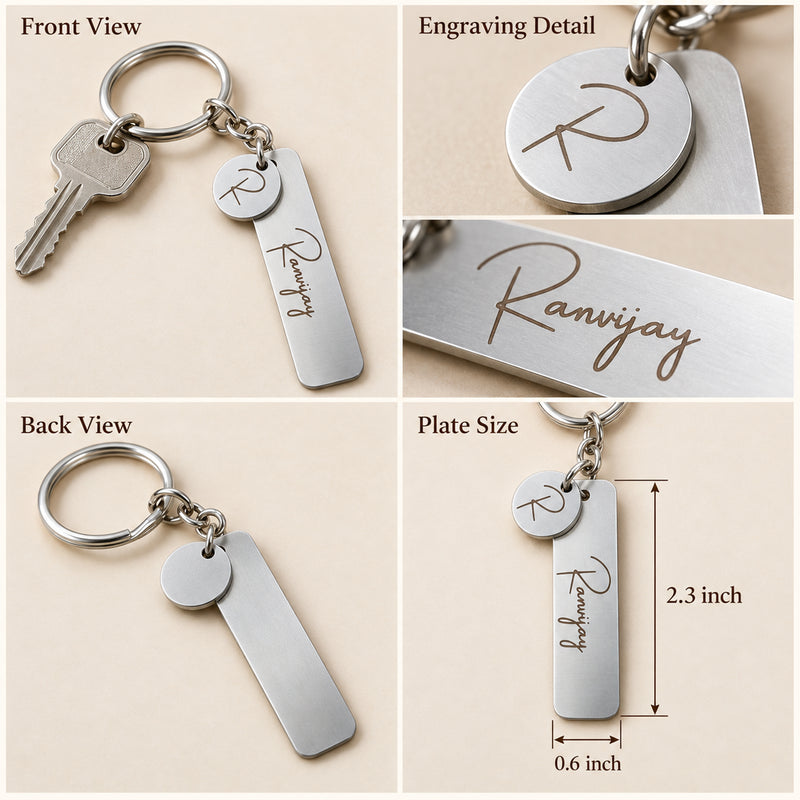 Personalized Initial Keychain | Stainless Steel Bar Key Ring with Round Letter Charm | Gift for Men & Women