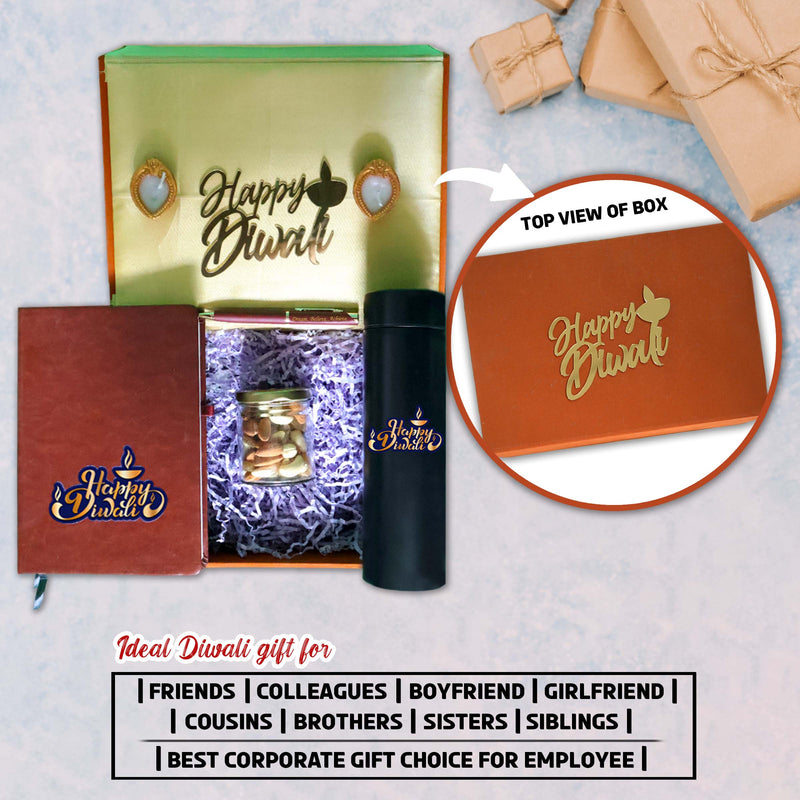 Diwali Gift Combo – Leather Diary, 'Happy Diwali' Bottle & Engraved Pen.