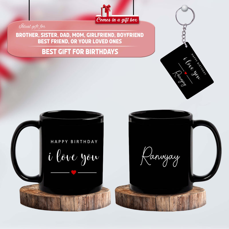 Birthday Gift Set– Black Ceramic Coffee Mug &  Acrylic Keychain with 'Happy Birthday' Quote & Name Printed.