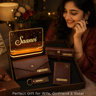 Customized Female Gift 5 Pcs Combo Set with Leather Combo 4 Set and a Led Acrylic Name Frame.