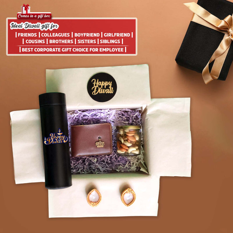 Diwali Gift Set- Leather Men's Wallet with King Charm & Black Bottle with 'Happy Diwali' Quote.