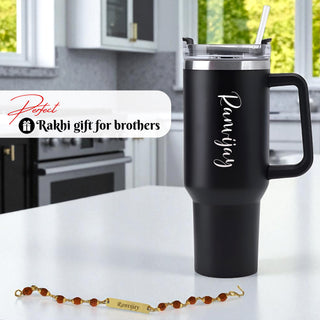 Personalized Rakhi Gifts Set- Custom Steel Straw Tumbler+ Rudrakasha Rakhi