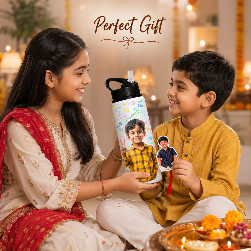Customized 750 ML Aluminium Sipper Bottle with Photo & Name Print and Photo Caricature Rakhi