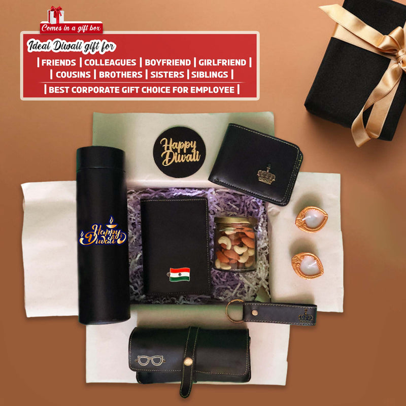 Diwali Gift Set - Men's Leather Wallet, Keychain, Eyewear Case, Passport Cover & 'Happy Diwali' Bottle