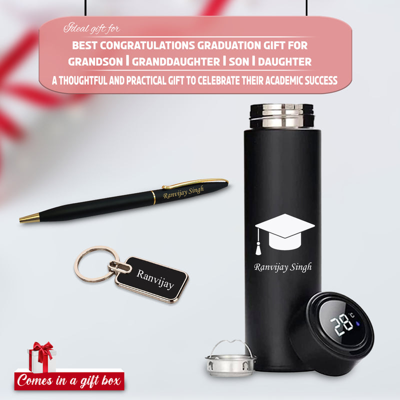 Graduation Gift Combo - Slim Pen, Engraved Keychain & Black Bottle