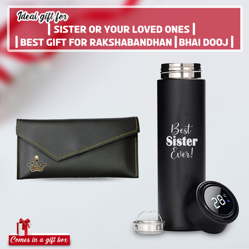 Rakshabandhan Gift Set – Black Leather Clutch & Engraved Bottle.