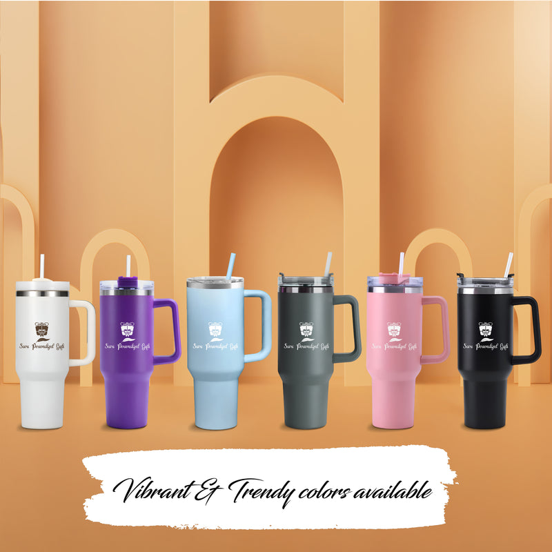 Personalized Stainless Steel Travel Tumbler with Lid, Straw & Name Engraving.