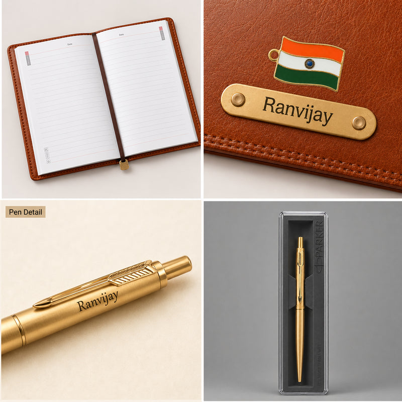 Customized Brown Diary & Branded Parker Golden Pen Gift Set with Name Engraved.