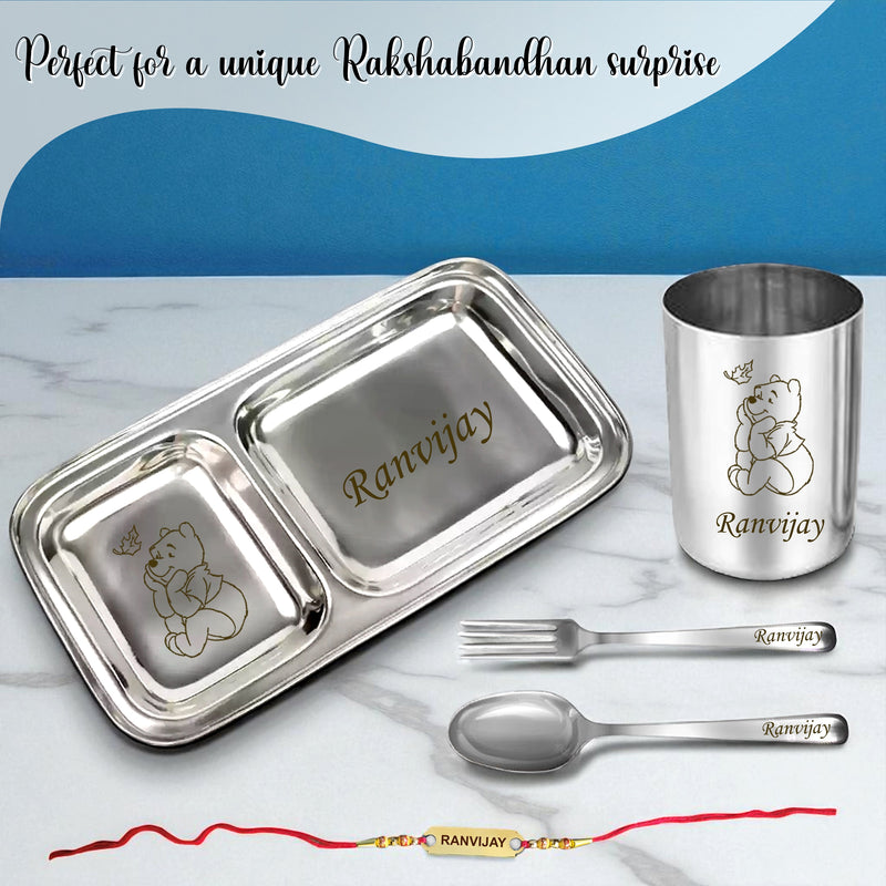 Rakshabandhan Gift Combo – 2 Compartment Steel Plate Set with Custom Foil Rakhi