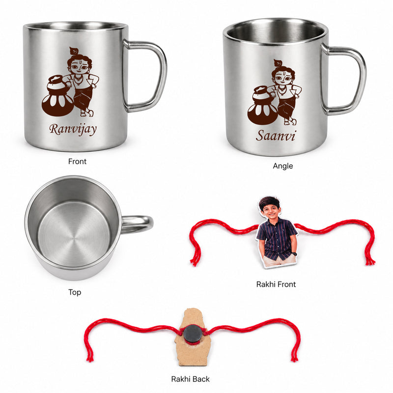 Customized Steel Mug with Name & Little Krishna Cartoon Print and Customized Photo Caricature Rakhi.