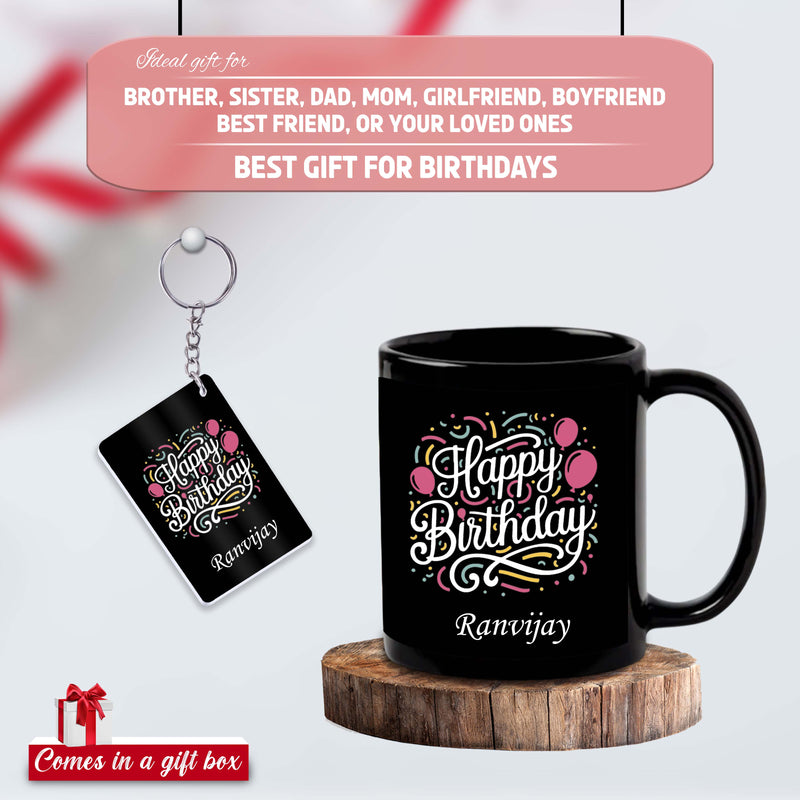 Birthday Gift Set– Black Coffee Mug &  Acrylic Keychain with 'Happy Birthday' Quote & Name Printed.