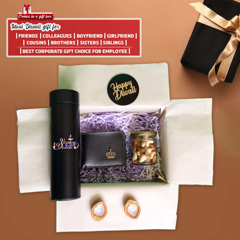 Diwali Gift Set- Leather Men's Wallet with King Charm & Black Bottle with 'Happy Diwali' Quote.