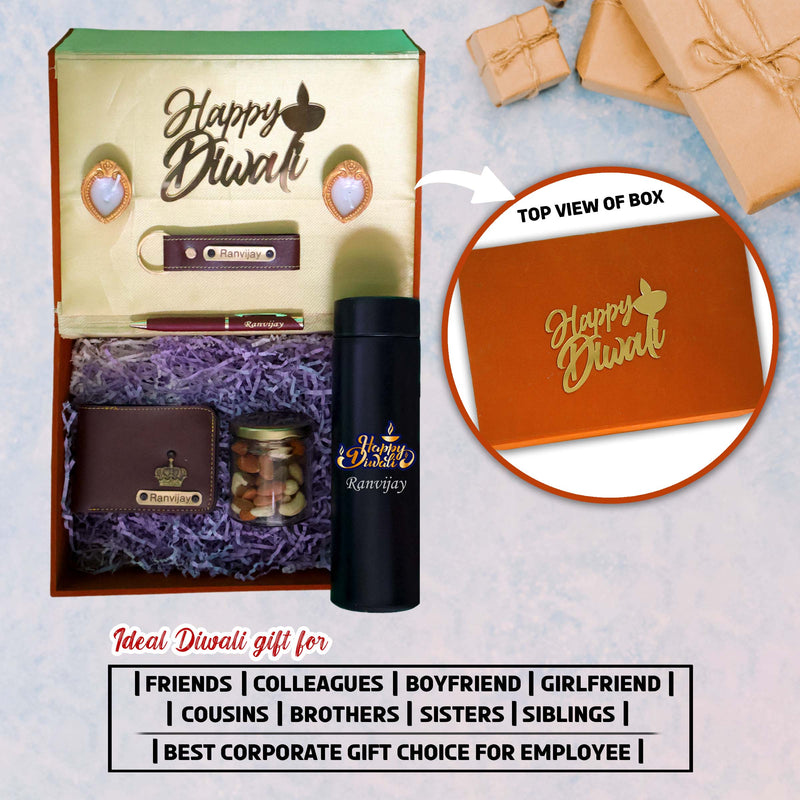 Diwali Gift Set for Men – Leather Wallet, Keychain, Bottle, Custom Pen With Dry Fruits & Diyas.