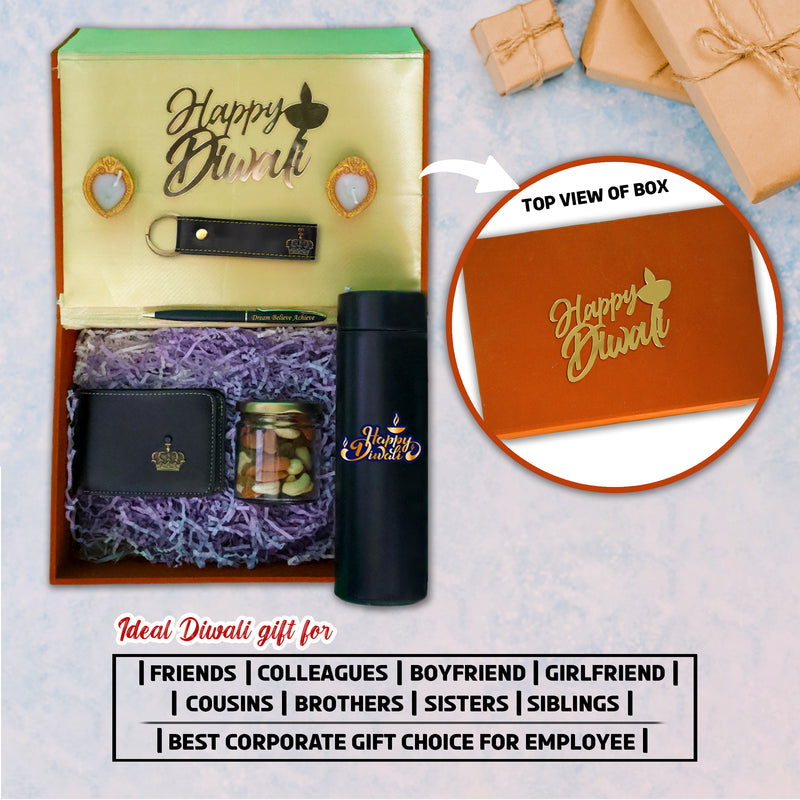 Diwali Gift Set – Men's Leather Wallet, King Charm, Keychain, Pen & 'Happy Diwali' Bottle.