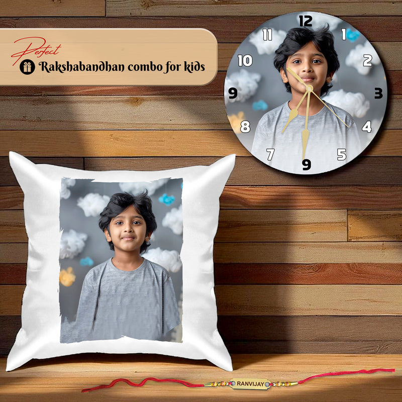 Personalized Rakhi Gift Set – Photo Printed Cushion, Wall Clock & Name Engraved Rakhi
