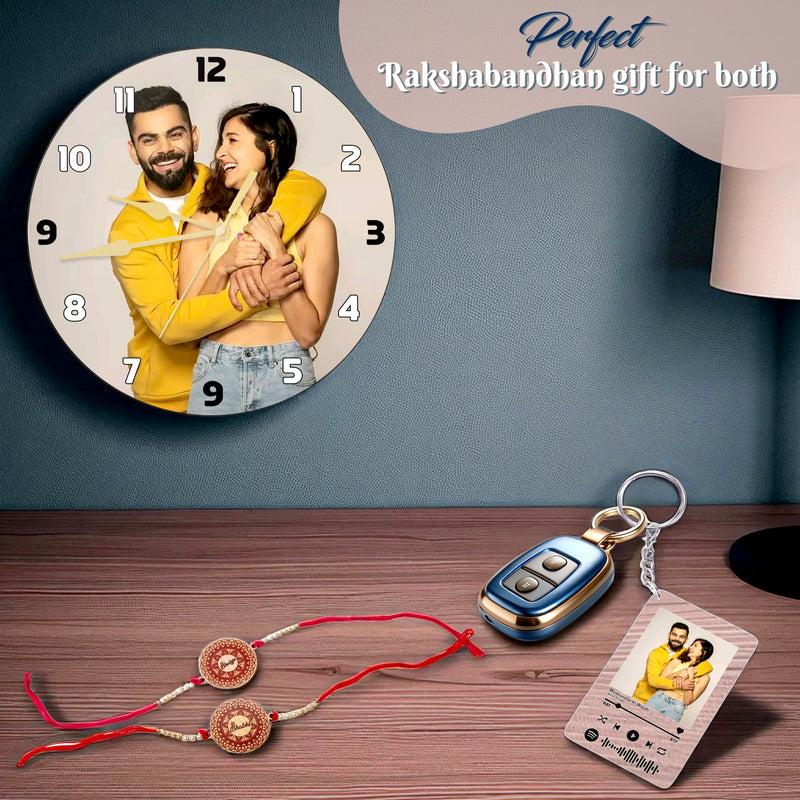 Rakshabandhan Gift – Custom Spotify Photo Keychain, Photo Wall Clock & Traditional Bhaiya‑Bhabhi Rakhi