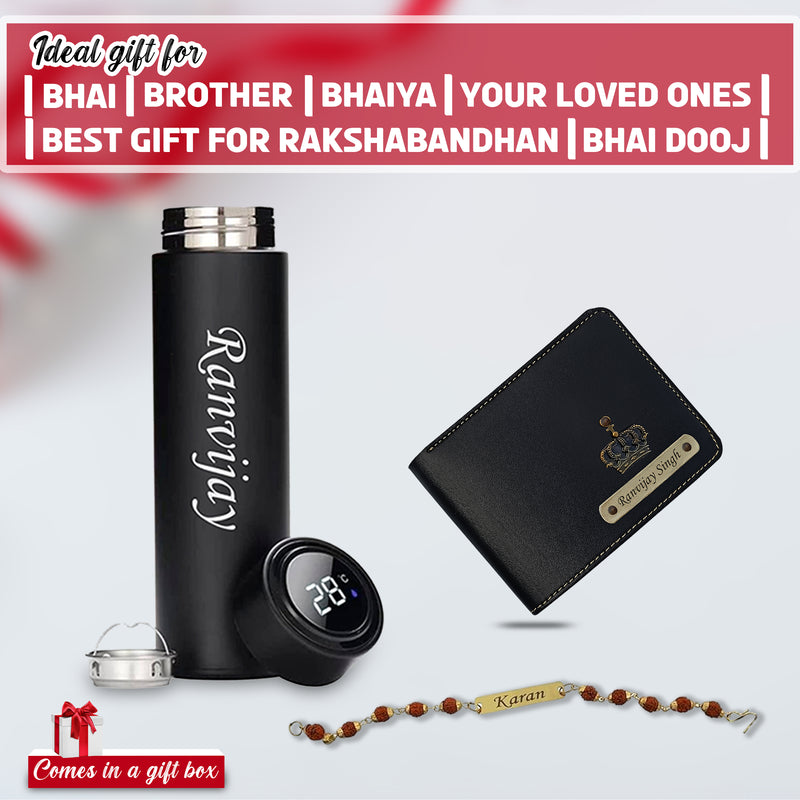 Personalized Rakshbandhan Combo- Temperature Bottle, Rudrakash Rakhi & Men's Wallet.