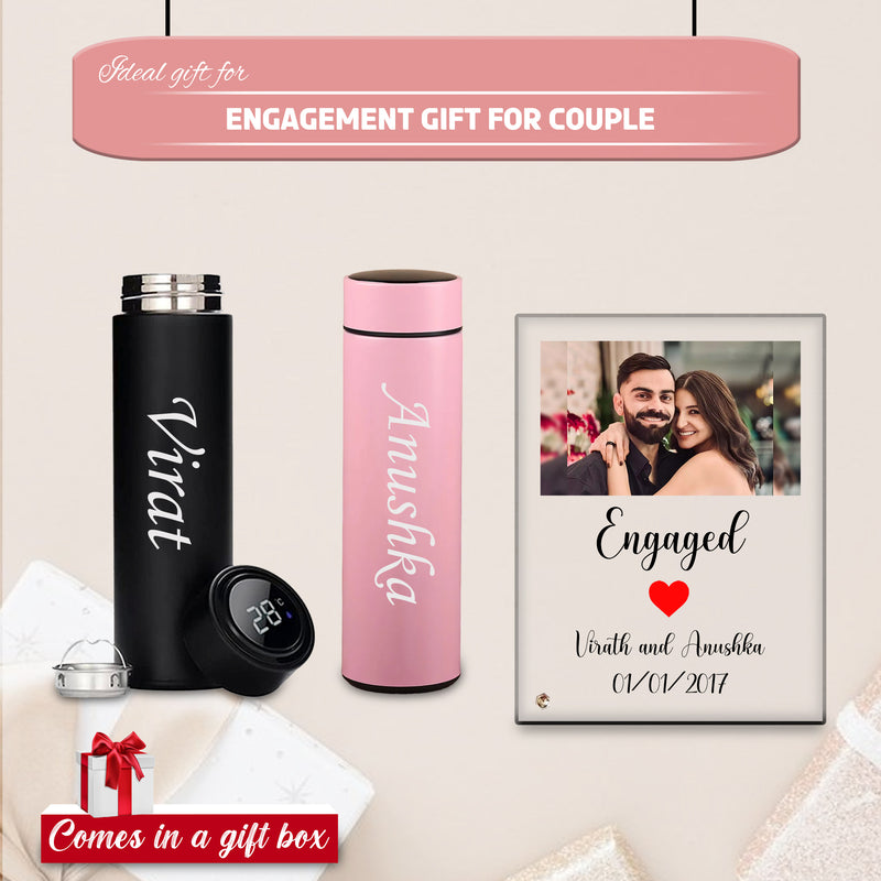 Engagement Combo – Custom Acrylic Frame & Engraved Pink & Black Bottle Set.