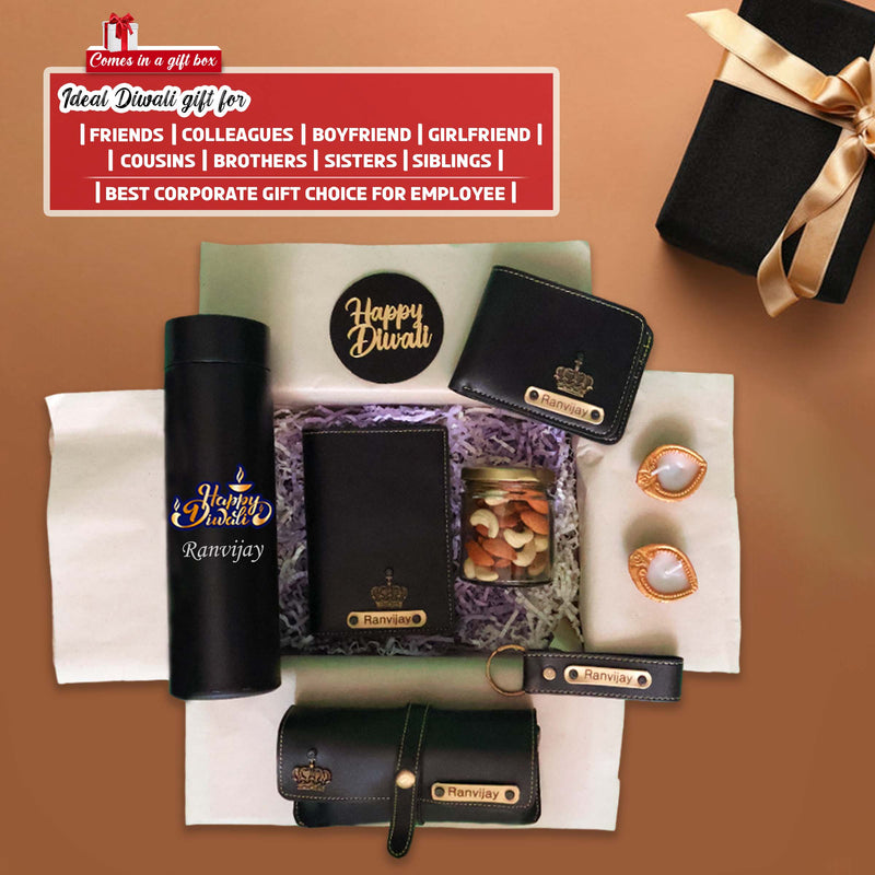 Diwali Gift Set – Wallet, Keychain, Eyewear Case & Passport Cover + Black Bottle.