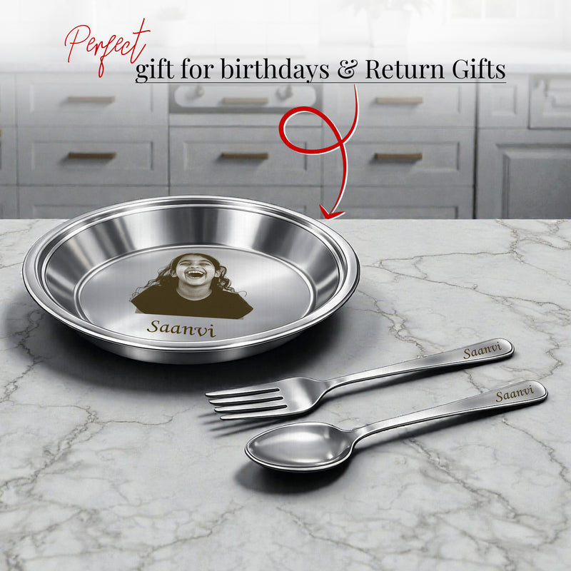 Customized Kids Stainless Steel Plate Set with Photo & Name Engraving | Round Plate, Spoon & Fork