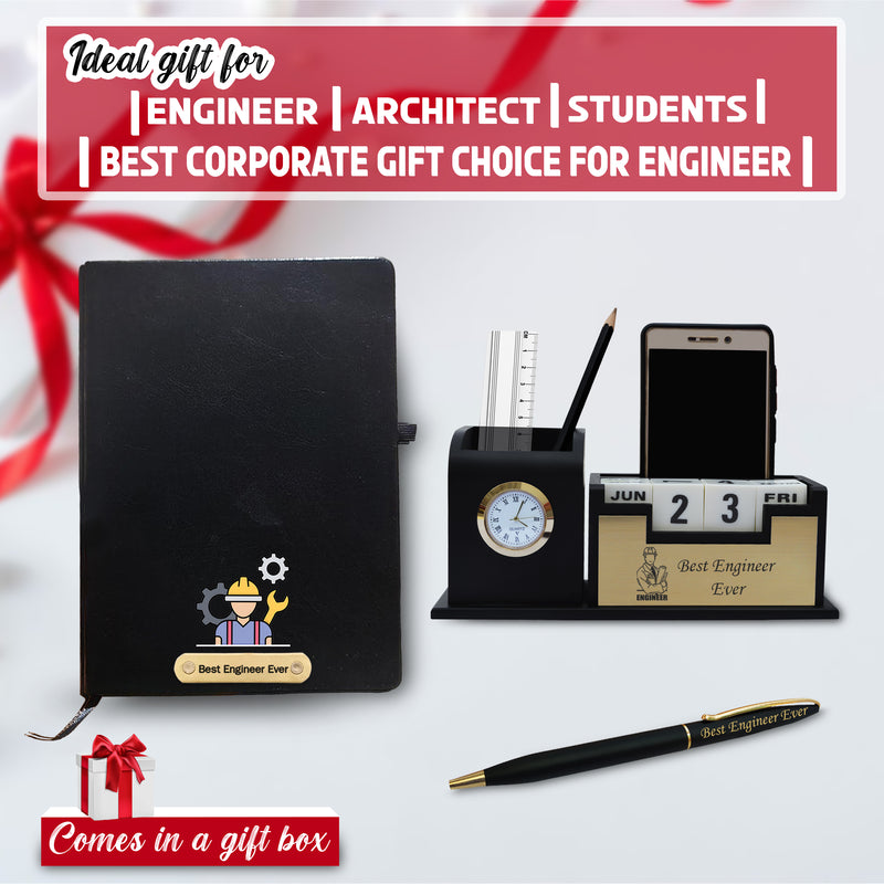 Engineer Combo - Pen Stand, Slim Pen & Diary with 'Best Engineer Ever' & Logo Engraved.