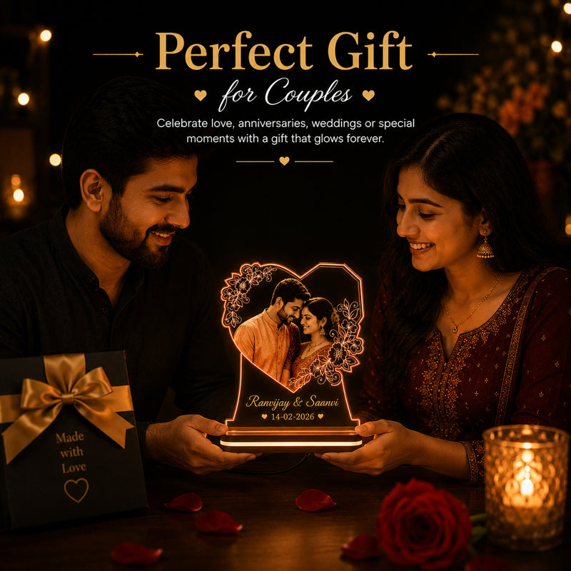 Personalized Heart LED Photo Lamp 6x8 Inch – Customized Engraved Acrylic Night Light for Couples