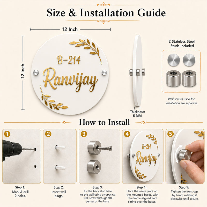 Customized Round Acrylic Name Plate with Name & House Number.