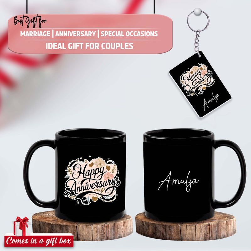 Black Mug & Keychain with Happy Anniversary Quote and Custom Name