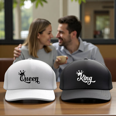 King & Queen Printed Couple Caps – Matching Hats for Couples (Set of 2)