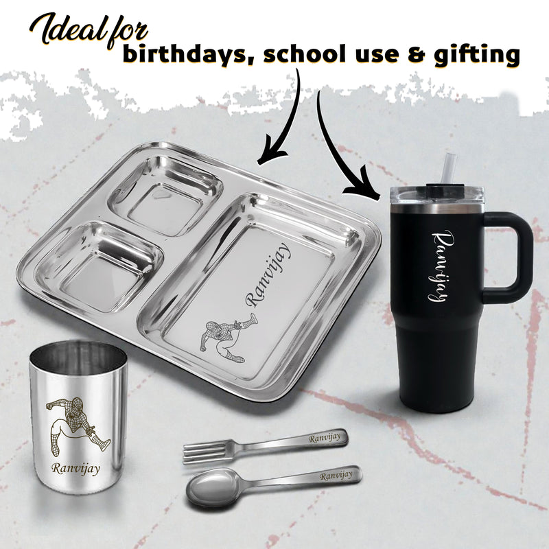 Kids Combo Set – Customized 3-Compartment Steel Plate with Name & Cartoon Design with Name Engraved 500 ml Mini Straw Tumbler