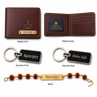 Customized Rakhi Gift for Brother | Personalized Men's Leather Wallet with Name & Charm,Personalized Metal Keychain & Rudraksha Rakhi with Name