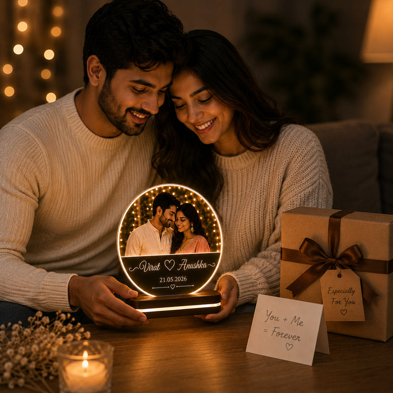 Personalized Round LED Photo Frame 6x8 Inch – Customized HD UV Printed Acrylic Lamp with Photo, Name & Date