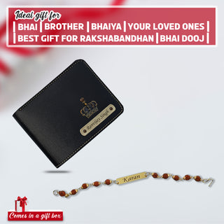 Customized Rakshabandhan Combo For Brother- Leather Men's Wallet Black & Rudrakash Rakhi.