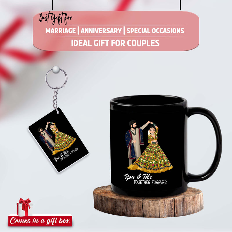 Black Mug & Keychain Set with Couple Caricature – Perfect Gift for Any Occasion