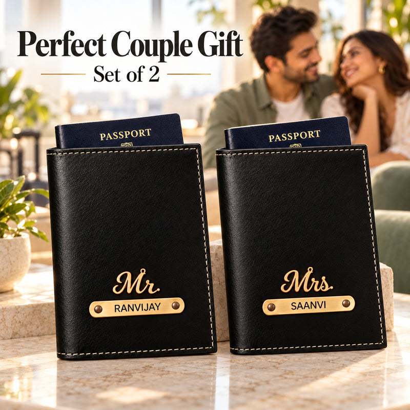 Leather Passport Cover Set of 2 with Name & Charm | Customised Passport Cover with Name for Couple | Personalized Passport Holder for Men & Women
