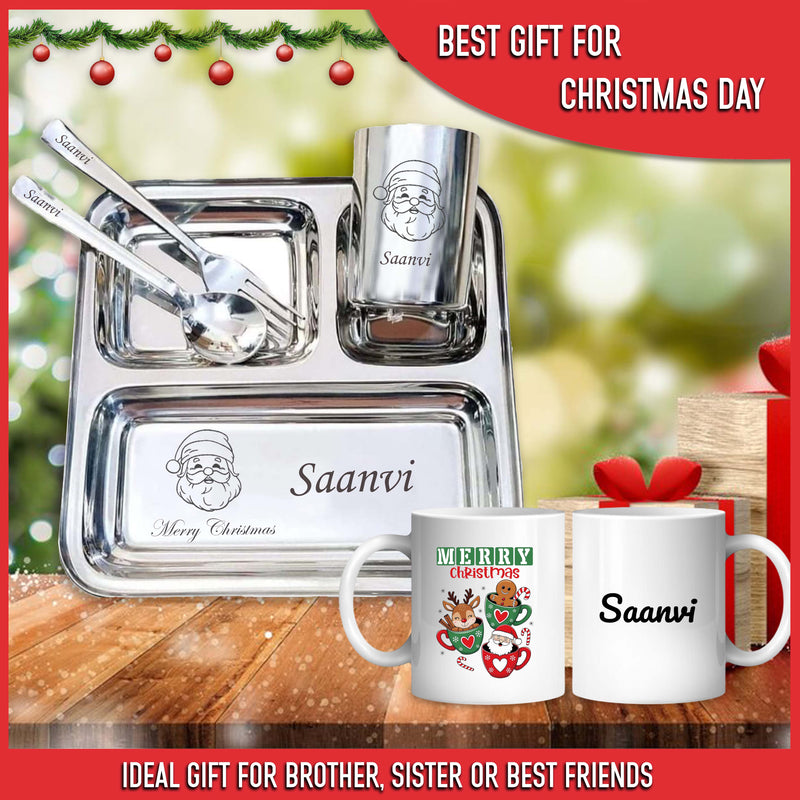 Custom Christmas Gift Set - 3-Compartment Plate & Mug with Name & Cartoon