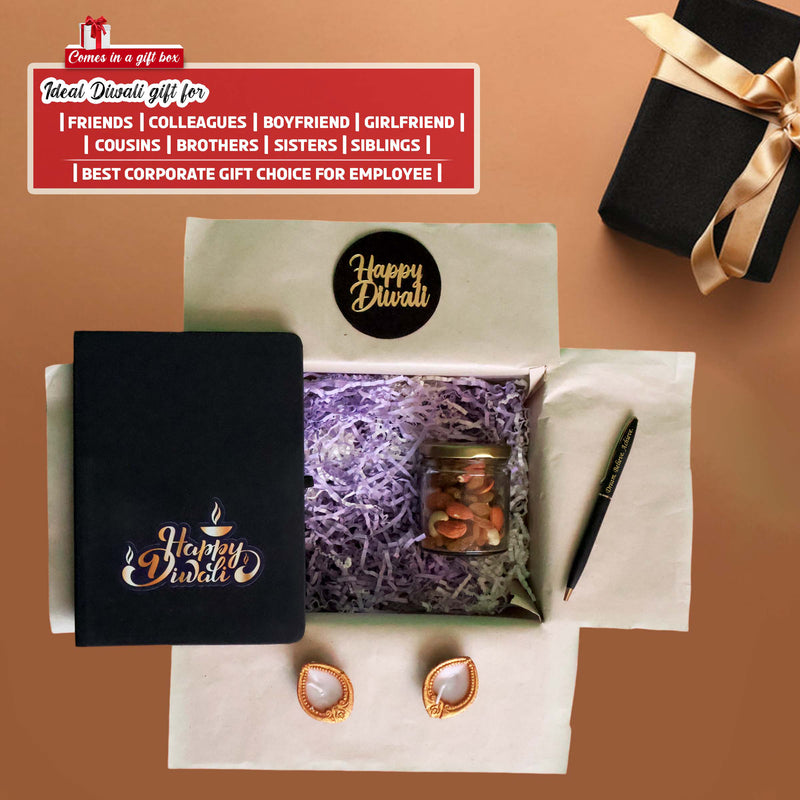 Diwali Gift Set - Leather Diary, Engraved Pen, Dry Fruit Jar & Diyas.