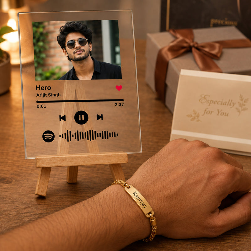 Customized Chain Rakhi with Name Engraving & Customized Spotify Photo Frame with Song Code