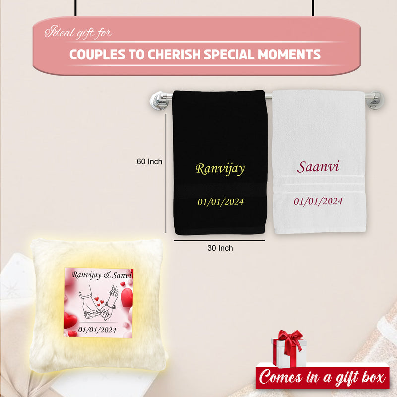 Valentine Gift Set – Personalized Couple Towel Set & LED Cushion with Photo